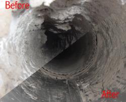 Image of a before and after a dryer vent cleaning service.